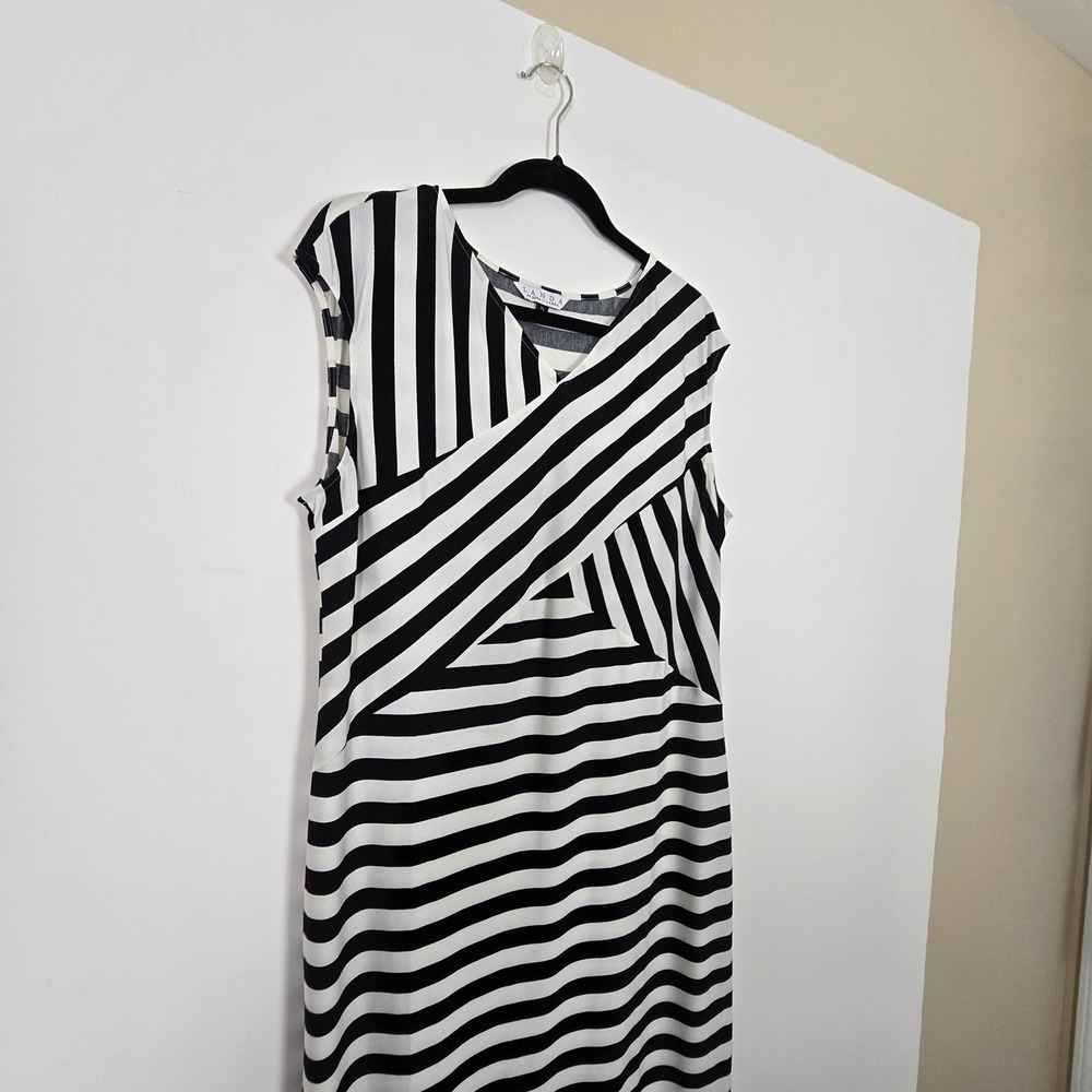 Landa Sheath Dress Women XL Black White Striped Stretch Mod Monochrome Workwear - Picture 2 of 9